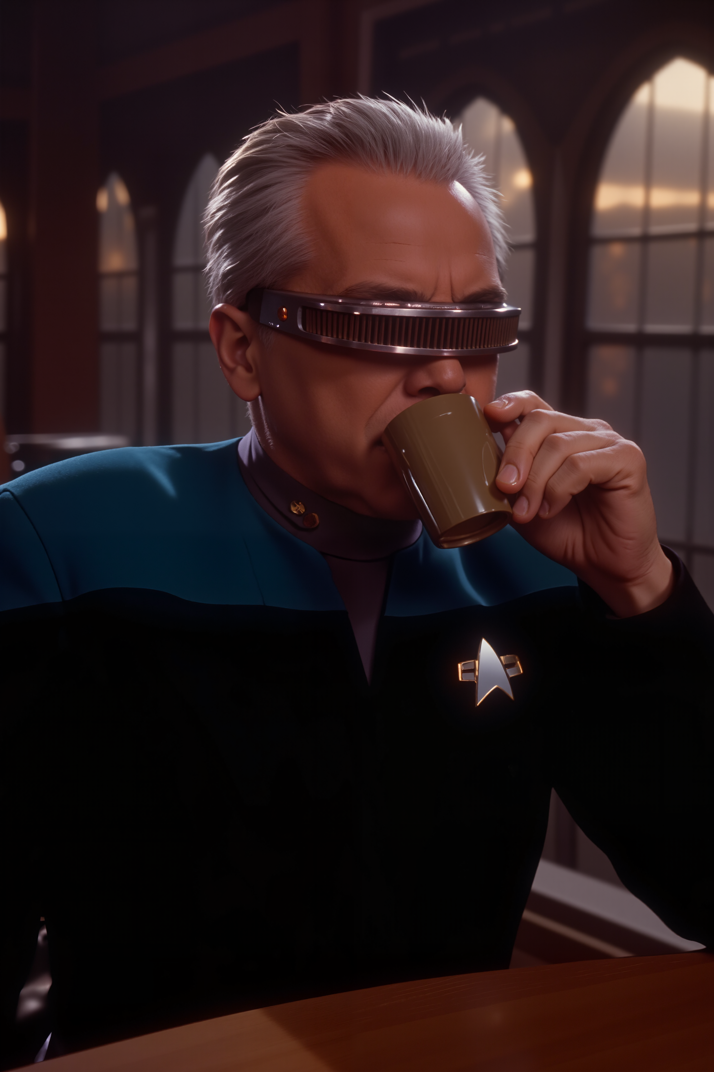 older man wearing grdvsr visor and a black Voyager uniform with teal shoulders sitting in a cafe drinking coffee. , detailed background  Fantastic lighting. Detailed shadows.intricate details, vivid colors, hyper-detailed, ultra-sharp, , <lora:GRD_VISOR_FLUX><lora:aesthetical-000003:0.15><lora:aidmaNSFWunlock-FLUX-PonyStyle-v0.1:0.15><lora:Flux-jijia:0.1><lora:GLSHS:0.6> <lora:VOY_FLUX>