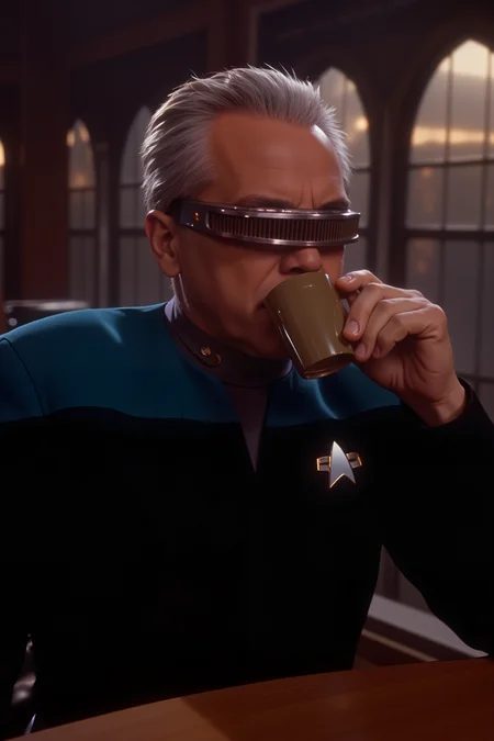 older man wearing grdvsr visor and a black Voyager uniform with teal shoulders sitting in a cafe drinking coffee. , detailed background Fantastic lighting. Detailed shadows.intricate details, vivid colors, hyper-detailed, ultra-sharp, , <lora:GRD_VISOR_FLUX><lora:aesthetical-000003:0.15><lora:aidmaNSFWunlock-FLUX-PonyStyle-v0.1:0.15><lora:Flux-jijia:0.1><lora:GLSHS:0.6> <lora:VOY_FLUX>