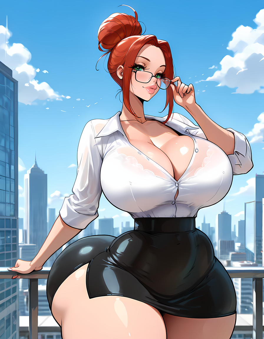 high quality, score_9, score_8_up, source_7_up, very aesthetic, high resolution, newest, depth of field, volumetric lighting, (masterpiece, best quality, ultra-detailed, High detailed), beautiful faces, more detail XL, absurdres,masterpiece,best quality,amazing quality, masterpiece,best quality,amazing quality, 8k, 
BREAK  <lora:style_hhammerh_r2:1> style_hhammerh, wide hips, narrow waist, big ass, large breasts, thick thighs, big lips, 1girl, breasts, solo, green eyes, office outfit, cleavage, red hair, white blouse, black pencil skirt, big breasts, messy bun, city skyline background, full lips, biting glasses, smirk, upper body, detailed background, dynamic pose, sky, day time, clouds, looking at viewer