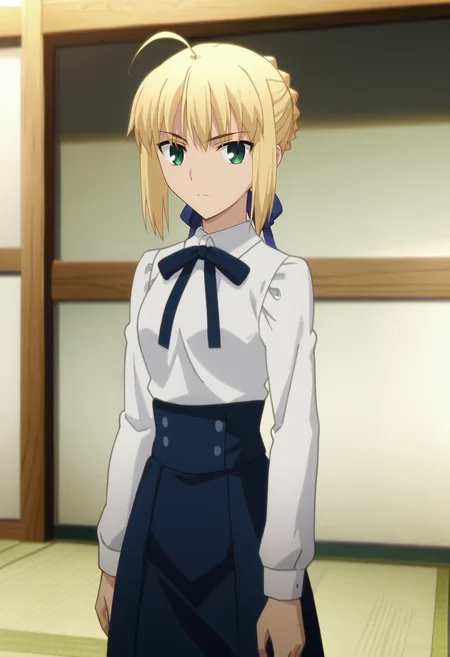 score_7_up, animescreencap,
<lora:FateStayNightUBW_SaberXL:0.9>, SaberFS,
1girl, solo,
blonde hair, green eyes, short hair, french braid, ahoge,
SaberCasual, white shirt, neck ribbon, long sleeves, high-waist skirt, blue skirt, black pantyhose,
standing, looking at viewer,
indoors, tatami