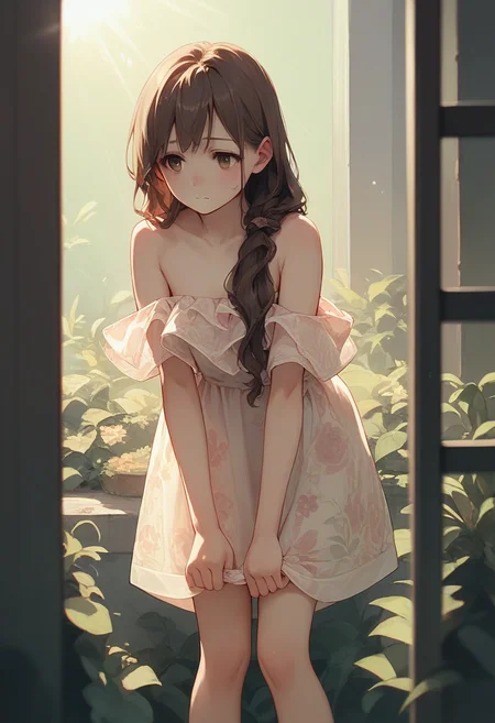 score_9, score_8_up, score_7_up, score_6_up, source_anime, 1girl, long hair, brown hair,
off shoulder, floral dress, see-through, short dress,
leaning forward, sunlight, dress tug,
<lora:floral_offshoulder_dress_v1.1-pony:1>