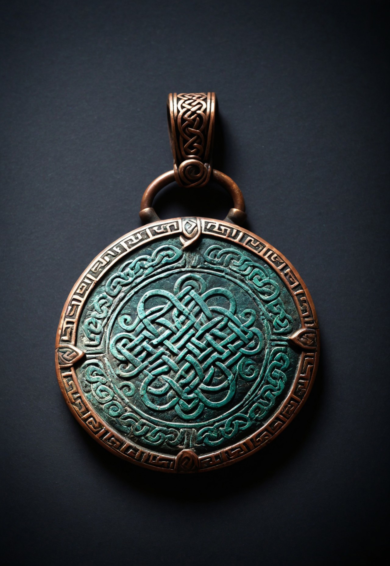 score_9, score_8_up, score_7_up, score_6_up, ((highly realistic, highly detailed, intricate details, photorealistic, photography, photo)), ((high quality:1.4, best quality:1.5)), ((full view, pov from above)), view of an antique amulet exposed in an museum, the antique amulet have a round shape, the antique amulet is entierly made of old bronze with and aged copper inlay, the all antique amulet have an aged patina on it, the antique amulet come from old Celt civilisation, embossed antique amulet, the embossing represent celtic runes, (sharp shadow, dim light, low light, dramatic light), fixl-art