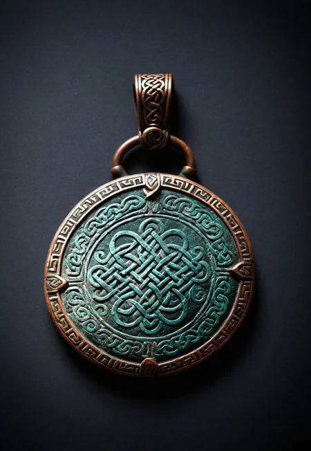 score_9, score_8_up, score_7_up, score_6_up, ((highly realistic, highly detailed, intricate details, photorealistic, photography, photo)), ((high quality:1.4, best quality:1.5)), ((full view, pov from above)), view of an antique amulet exposed in an museum, the antique amulet have a round shape, the antique amulet is entierly made of old bronze with and aged copper inlay, the all antique amulet have an aged patina on it, the antique amulet come from old Celt civilisation, embossed antique amulet, the embossing represent celtic runes, (sharp shadow, dim light, low light, dramatic light), fixl-art