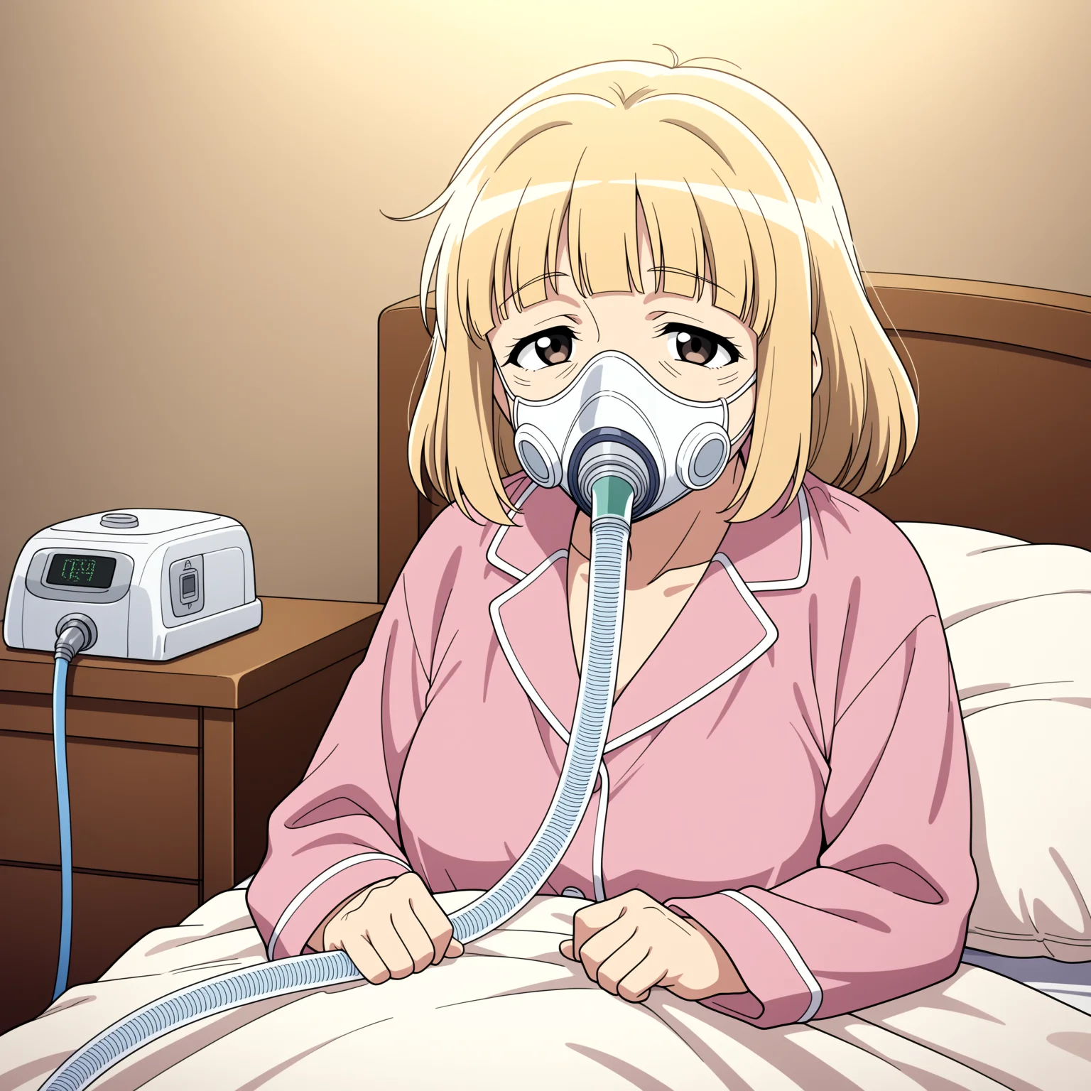 anime, anime coloring,
elderly woman, old woman, aged woman, senior woman, solo, female_focus,
sitting up in bed, upper body,
looking at viewer, awake,
calm expression,
blunt bangs, short hair, light blonde hair,
visible nasolabial folds, pronounced nasolabial folds,
smile lines, age lines, wrinkles around mouth,
slight facial wrinkles, aged face,
pajamas, long sleeves,
mask covering nose and mouth,
transparent CPAP mask, white gas mask,
CPAP, continuous positive airway pressure device,
breathing device,
tube connected to mask,
transparent tube, flexible hose,
tube extending to bedside machine,
small device on bedside table,
simple home appliance design,
cable, electrical outlet,
pillow, bed, blanket,
cozy bedroom, home interior,
warm lighting, soft light,
night, calm atmosphere,
clean lineart, soft shading
