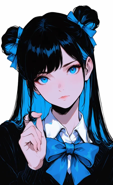 masterpiece, best quality, good quality, very awa, very aesthetic, absurdres, newest, 1girl, black hair, blue bow, blue bowtie, blue eyes, blue hair, bow, bowtie, closed mouth, collared shirt, colored inner hair, double bun, hair bun, hand glasses, hand up, head tilt, long hair, long sleeves, looking at viewer, multicolored hair, portrait, ribbon, shirt, solo, sweater, white background, white shirt,twirling hair, dark_fantasy_style, dark fantasy, retro, <lora:ponyv6_noobV1_2_adamW-000017:0.7> <lora:USNR_STYLE_XL_lokr:0.45> <lora:EtherSDXL:0.15> <lora:dark_fantasy_anime_illustriousXL:0.4>