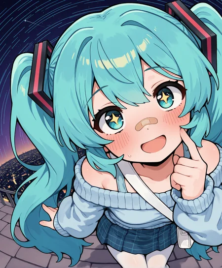 1girl, solo, hatsune miku, aqua hair, long hair, bangs, hair ornament, bandaid on nose, blue sweater, off-shoulder sweater, long sleeves, white shoulder bag, blue skirt, plaid skirt, white pantyhose, tenshi kaiwai,
blush, open mouth, star trail reflection in eyes, excited, head tilt, looking at sky, looking up, finger to cheek, head tilt,
fisheye, close-up, face focus, solo focus,
shooting stars, purple gradient background, night sky, moonlight, outdoors, cityscape, pavement,
rating safe, omufujoshi,
masterpiece, best quality, amazing quality, newest, <lora:omufujoshi:1.0>