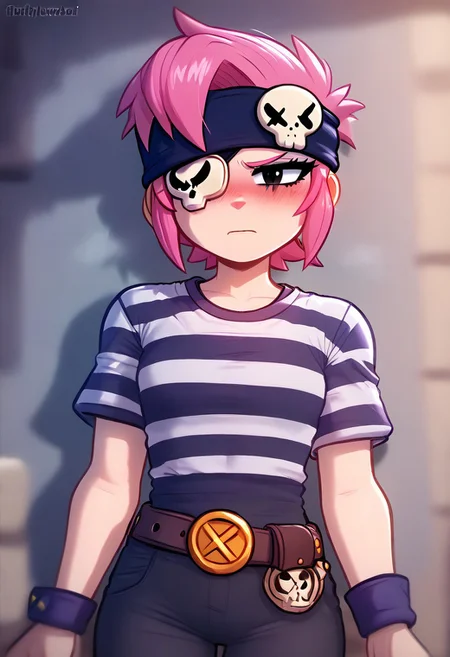 score_9, score_8_up, score_7_up, <lora:bspenny:1> bspenny ,1girl , pink hair , short hair, black eye , bandana, one eye covered , skull ,hairband , eyepatch, , striped shirt, belt,black pants ,blush, Face of shame, looking at view
<lora:fluffylewdsai:1> , fluffylewdsai,