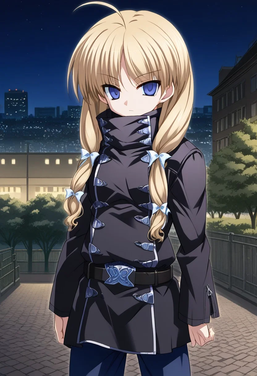 1girl, solo, yukiponeleeyes, blonde hair, long hair, low twintails, low-tied long hair, hair ribbon, ahoge, blue eyes, empty eyes, black coat, high collar, black belt, blue pants, standing, outdoors, city, night, park,