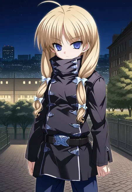 1girl, solo, yukiponeleeyes, blonde hair, long hair, low twintails, low-tied long hair, hair ribbon, ahoge, blue eyes, empty eyes, black coat, high collar, black belt, blue pants, standing, outdoors, city, night, park,