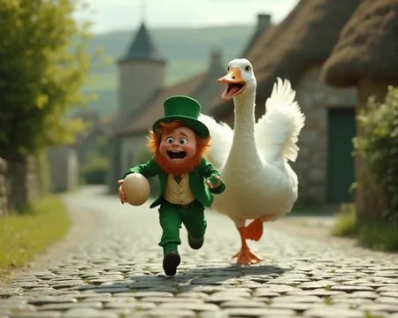 Super Photorealistic scene, cinematic style, still from a comedy movie, (Camera dutch angle:1.2). A cobblestone street, a small, terrified leprechaun in a bright green suit sprinting towards the viewer, one hand clutching big egg. Behind him, in hot pursuit, a giant white goose, several times the size of the leprechaun, neck stretched, eyes wide with malice, beak agape. Goose stares angrily at leprechaun. The goose spread its wings as it ran. The leprechaun's mouth is open in a silent scream. In the blurry background, a picturesque Irish village with thatched roofs and a stone church. The scene is bathed in bright, natural daylight. Cobblestones are uneven, creating a sense of motion and depth. The leprechaun's expression is one of sheer panic. The goose's feathers are ruffled, suggesting a frantic chase. The village in the background is peaceful and idyllic, creating a stark contrast with the chaotic foreground. <lora:realism_lora_comfy_converted:1>
