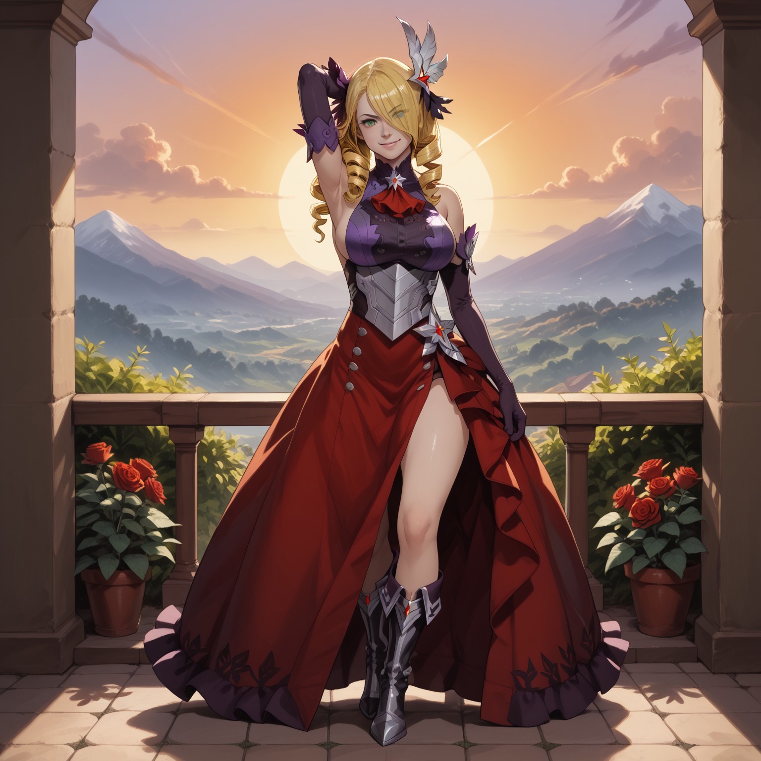 safe_pos, safe_pos, safe_pos, safe_pos, score_9, score_8_up, score_8, score_7_up, score_7, ExpressiveH, full body
BREAK
1girl, solo, Chelle Dragalia, blonde hair, long hair, bangs, green eyes, mole, mole under eye, large breasts,((galachelle)), hair over one eye, drill hair, hair ornament, feathered ornament, feathered hair ornament, ((oficial alternate costume)), bare shoulders, sideboob, gloves, elbow gloves, dress, purple and red dress, single thighhigh, rose, knee boots, huge breasts, looking at viewer, head tilt, seductive look, aroused, horny, standing, oiled skin, hand in hair, looking at viewer, lips parted, blushing, mischievous smile
BREAK
Garden, sunset, orange sky, purple sky, mountainous horizon