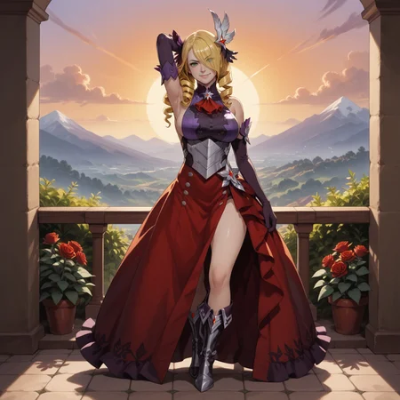 safe_pos, safe_pos, safe_pos, safe_pos, score_9, score_8_up, score_8, score_7_up, score_7, ExpressiveH, full body
BREAK
1girl, solo, Chelle Dragalia, blonde hair, long hair, bangs, green eyes, mole, mole under eye, large breasts,((galachelle)), hair over one eye, drill hair, hair ornament, feathered ornament, feathered hair ornament, ((oficial alternate costume)), bare shoulders, sideboob, gloves, elbow gloves, dress, purple and red dress, single thighhigh, rose, knee boots, huge breasts, looking at viewer, head tilt, seductive look, aroused, horny, standing, oiled skin, hand in hair, looking at viewer, lips parted, blushing, mischievous smile
BREAK
Garden, sunset, orange sky, purple sky, mountainous horizon