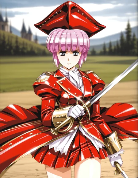 <lora:silverneil-illustrious-000072:1> diana silverneil, tricorne, juliet sleeves, coat, red coat, red skirt, miniskirt,
1girl, solo, serious, holding sword, attack, looking at viewer, medieval, outdoors, blurry background