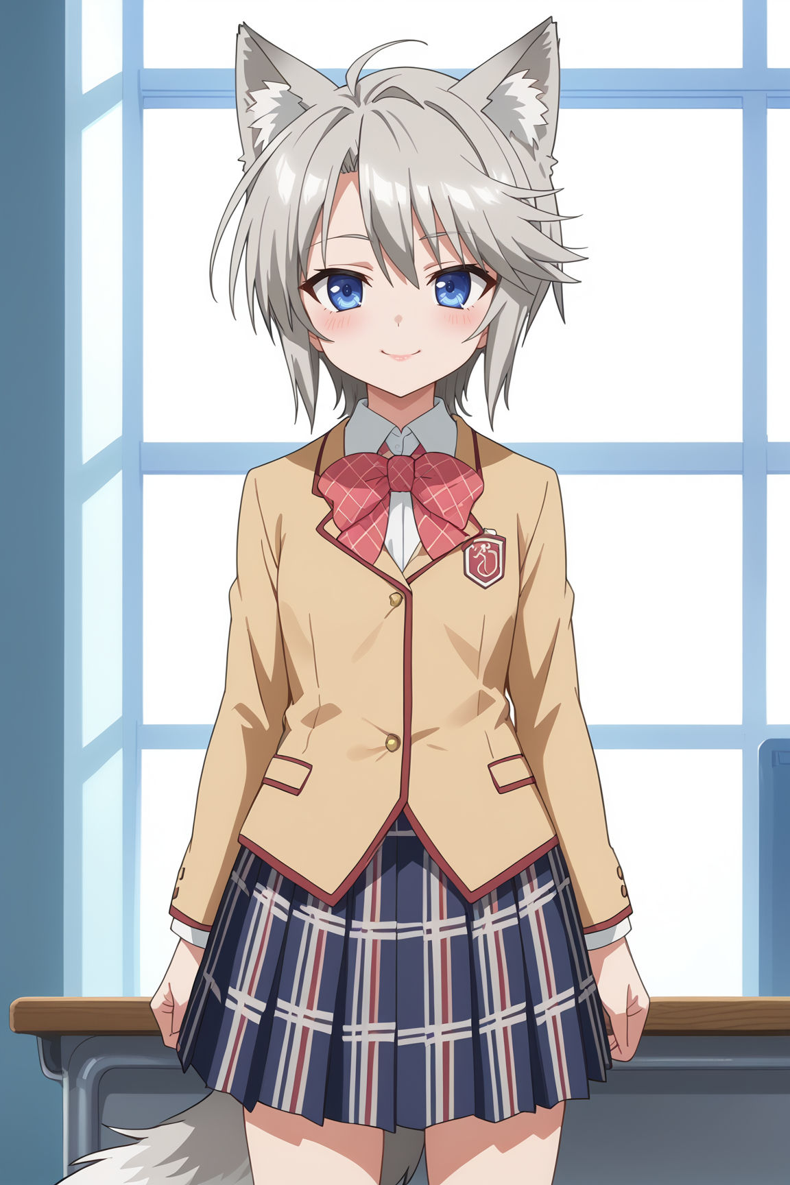 score_9, score_8_up, score_7_up, source anime, prefect lighting, very aesthetic, BREAK, anime coloring, anime screencap,
<lora:ezomori_nozomu_v1-pdv6:1>, 1girl, ezomori nozomu, kanokon, blue eyes, grey hair, short hair, wolf ears, wolf tail, 
school uniform, long sleeves, bow, plaid skirt, kneehighs,
BREAK, light smile, blush, looking at viewer, 
BREAK,