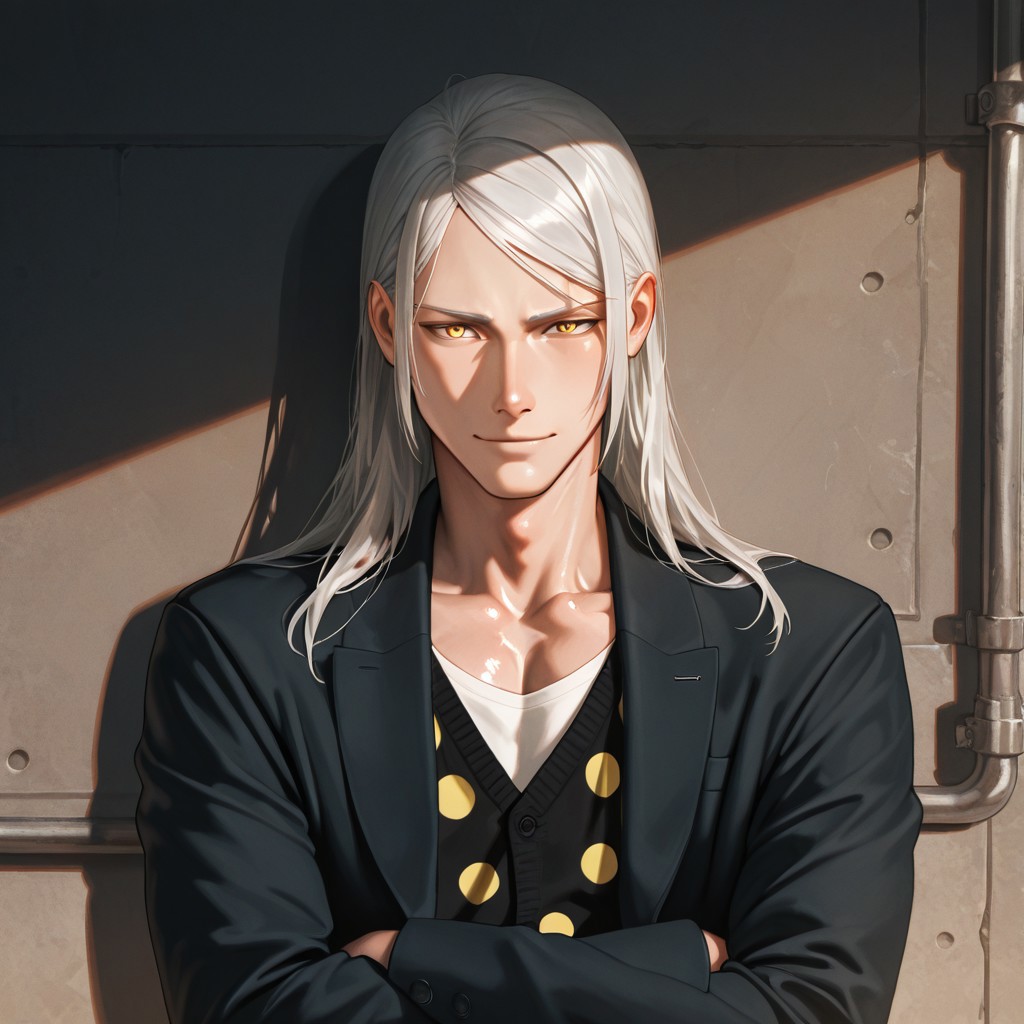 masterpiece, best quality, amazing quality, absurdres, newest, detailed background, definition so sharp, Ultra-HD, 8K cinematic, very awa, impressionate, amazing quality, highres, 
solo, male focus, manly, shadow, shiny skin, mature male, extream close-up, soft coloring,
mitsuhisahachiya, mitsuhisa_grey hair, mitsuhisa_yellow eyes, 1boy, long hair, scar across eyebrow, warm_glow, cozy_atmosphere, quiet, dust_motes, peaceful_expression, natural_light, crossing arms, slightly smile, looking at viewer, standing, black blazer, polkadot cardigan, v-neck, white shirt,