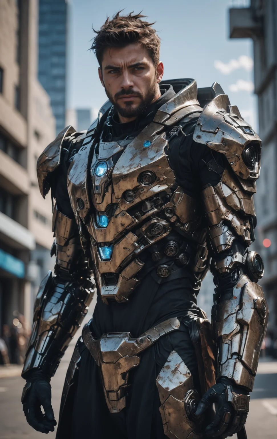 (masterpiece, best quality, ultra-detailed, best shadow), cinematic film still, photo of a man wearing a high tech scifi armor, mecha armor, male focus, armor, solo, facial hair, cape, beard, looking at viewer, blue eyes, blurry background, power armor, knee protection, standing, brown hair, science fiction <lora:aesthetic_anime_v1s:1.2>