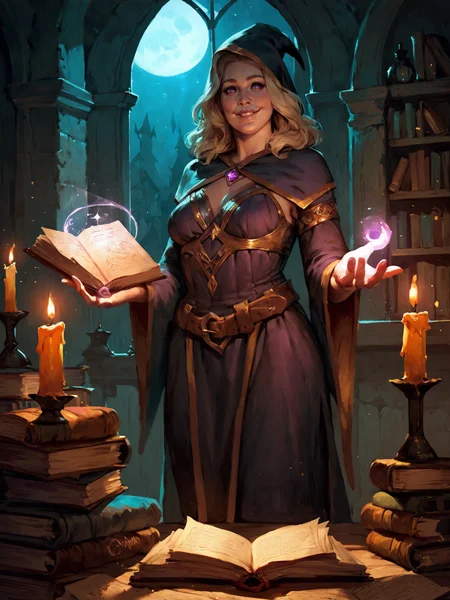 1girl, purple eyes, blonde hair, wizard, lare breasts, standing, practicing magic, books, smiling, table, candle, night, solo, <lora:GWENTXLV3:0.8>, score_9, score_8_up, score_7_up