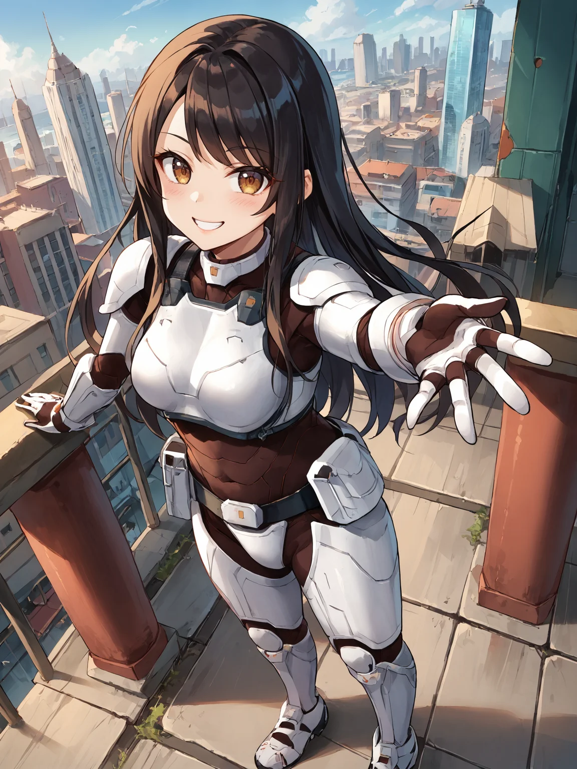 score_9, score_8_up, score_7_up, <lora:offset_0.2:0.1>, <lora:spo_sdxl_10ep_4k-data_lora_webui:1>, BREAK,
1girl, solo, source_anime, BREAK,
terraformarsmoviebodysuit, armored bodysuit, black bodysuit, white armor, boobplate, shoulder pads, wrist guards, (black gloves, white gloves:1.2), utility belt, belt pouch, hip armor, crotch plate, thigh armor, knee pads, shin guards, armored shoes, <lora:Terraformars:1>, BREAK,
black hair, swept bangs, long hair, brown eyes, medium breasts, BREAK,
smile, blush, looking at viewer, BREAK,
(reaching towards viewer:1.4), selfie, v, peace sign, BREAK,
from above, dutch angle, outdoors, city, skyline, blue sky