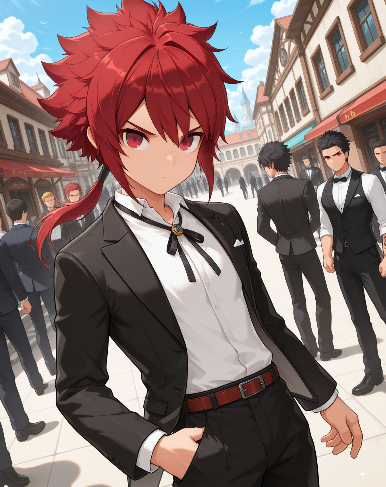 masterpiece,best quality,amazing quality, newest, very aesthetic, absurdres,
1boy, solo, yaoi, male focus, looking at viewer, cowboy shot, standing,
 <lora:Elsword_Rune_Slayer_ilxl:1> elswordrs, red hair, red eyes, arm tattoo, spiked hair, ponytail, long hair,
formal, tuxedo, neck ribbon, white shirt, collared shirt, black pants, shoes, black footwear, suit jacket, black jacket,
outdoors, day, blue sky, building, people,