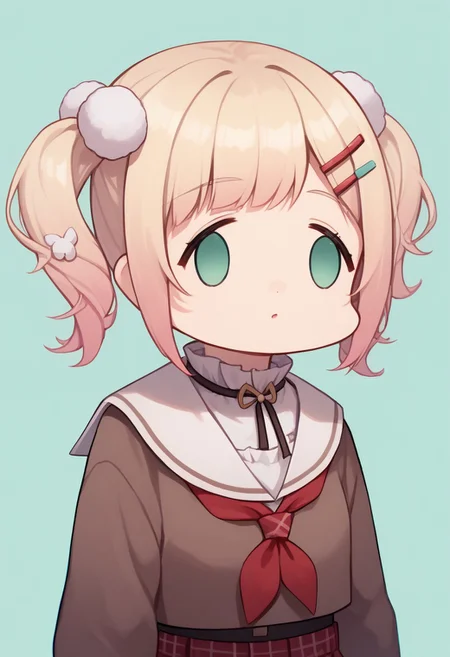 score_9,
score_8_up,
score_7_up,
source_anime,
mint background,
face of the people who sank all their money into the fx (meme),
chibi,
NeneCasual,
1girl,
solo,
twintail,
pom pom hair ornament,
hairclip,
brown sweater,
white sailor collar,
red neckerchief,
red skirt,
plaid skirt,