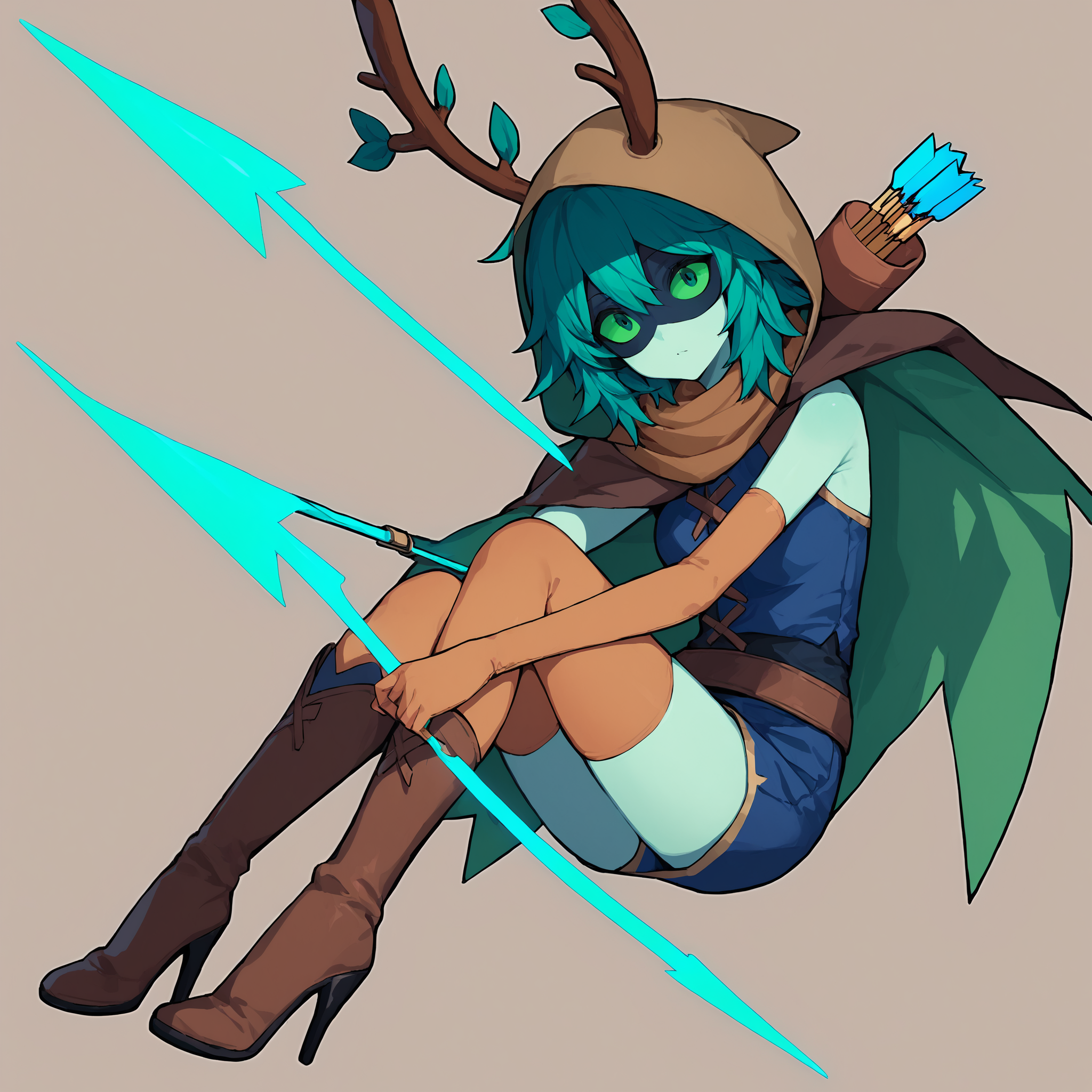 score_9, score_8_up, score_7_up, score_6_up, score_5_up, score_4_up, masterpiece, thick lines, 2d, flat colors, anime,  huntresswizard <lora:huntresswizardpony:1>, 1girl, hwdarkoutfit, dark blue shirt, brown scarf, brown hood, 1girl, solo, looking at viewer, simple background, gloves, white background, green eyes, boots, green hair, elbow gloves, hood, cape, high heels, aqua hair, colored skin, colored sclera, arrow (projectile), antlers, green sclera BREAK source_anime
