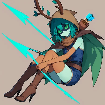 score_9, score_8_up, score_7_up, score_6_up, score_5_up, score_4_up, masterpiece, thick lines, 2d, flat colors, anime, huntresswizard <lora:huntresswizardpony:1>, 1girl, hwdarkoutfit, dark blue shirt, brown scarf, brown hood, 1girl, solo, looking at viewer, simple background, gloves, white background, green eyes, boots, green hair, elbow gloves, hood, cape, high heels, aqua hair, colored skin, colored sclera, arrow (projectile), antlers, green sclera BREAK source_anime