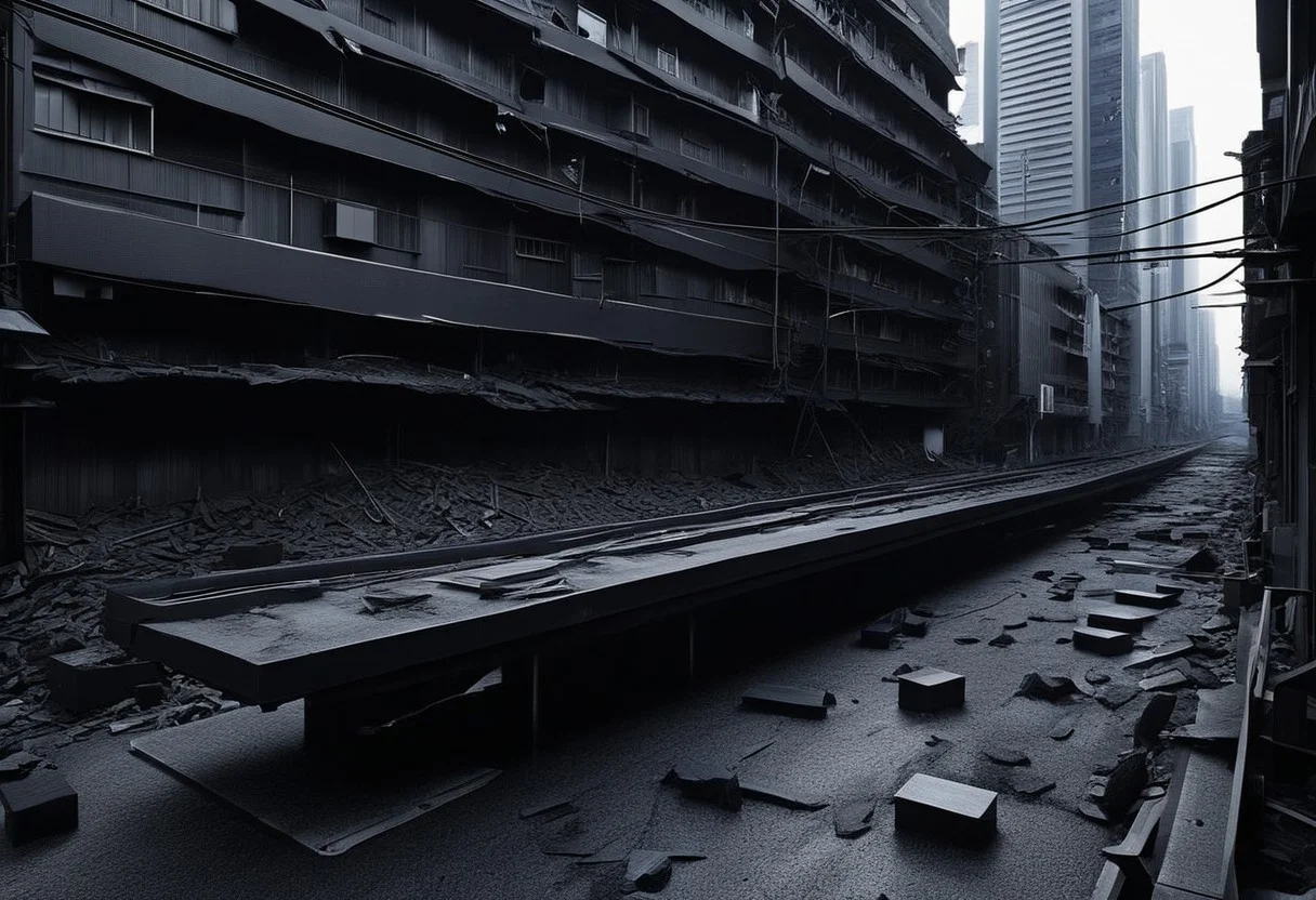 (anime), no human, city ruin, black snake, (masterpiece), score_9