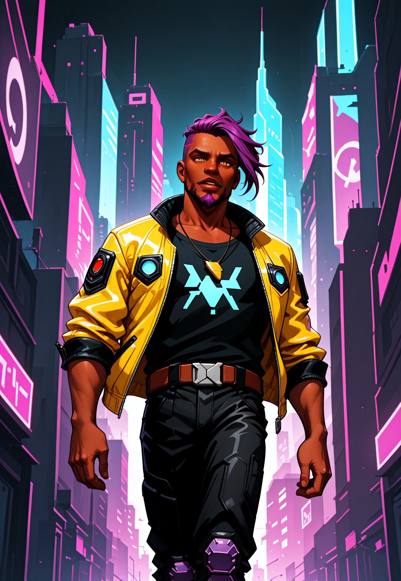animated nightmare style, 1boy, beard, belt, black pants, black shirt, building, city, collarbone, cyberpunk, dark skin, dark-skinned male, facial hair, goatee, jacket, jewelry, knee pads, looking at viewer, male focus, necklace, open clothes, open jacket, pants, parted lips, purple hair, shirt, skyscraper, solo, undercut, walking, yellow eyes, yellow jacket