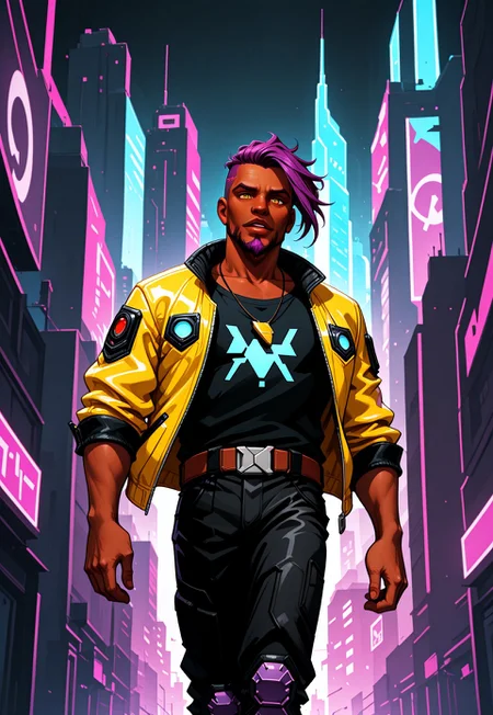 animated nightmare style, 1boy, beard, belt, black pants, black shirt, building, city, collarbone, cyberpunk, dark skin, dark-skinned male, facial hair, goatee, jacket, jewelry, knee pads, looking at viewer, male focus, necklace, open clothes, open jacket, pants, parted lips, purple hair, shirt, skyscraper, solo, undercut, walking, yellow eyes, yellow jacket