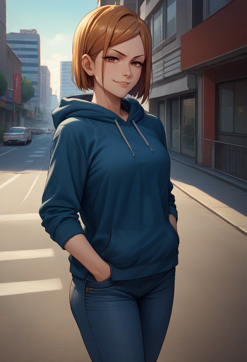 score_9, score_8_up, score_7_up, source_anime, solo, 1girl, kugisaki nobara, smug, looking at viewer, hand in pocket, blue hoodie, jeans, outdoors, city street <lora:jjk_kugisaki_ponyXL:1>