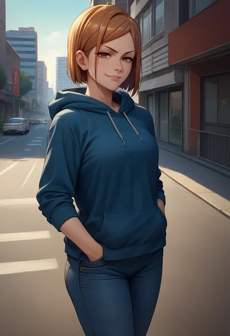 score_9, score_8_up, score_7_up, source_anime, solo, 1girl, kugisaki nobara, smug, looking at viewer, hand in pocket, blue hoodie, jeans, outdoors, city street <lora:jjk_kugisaki_ponyXL:1>