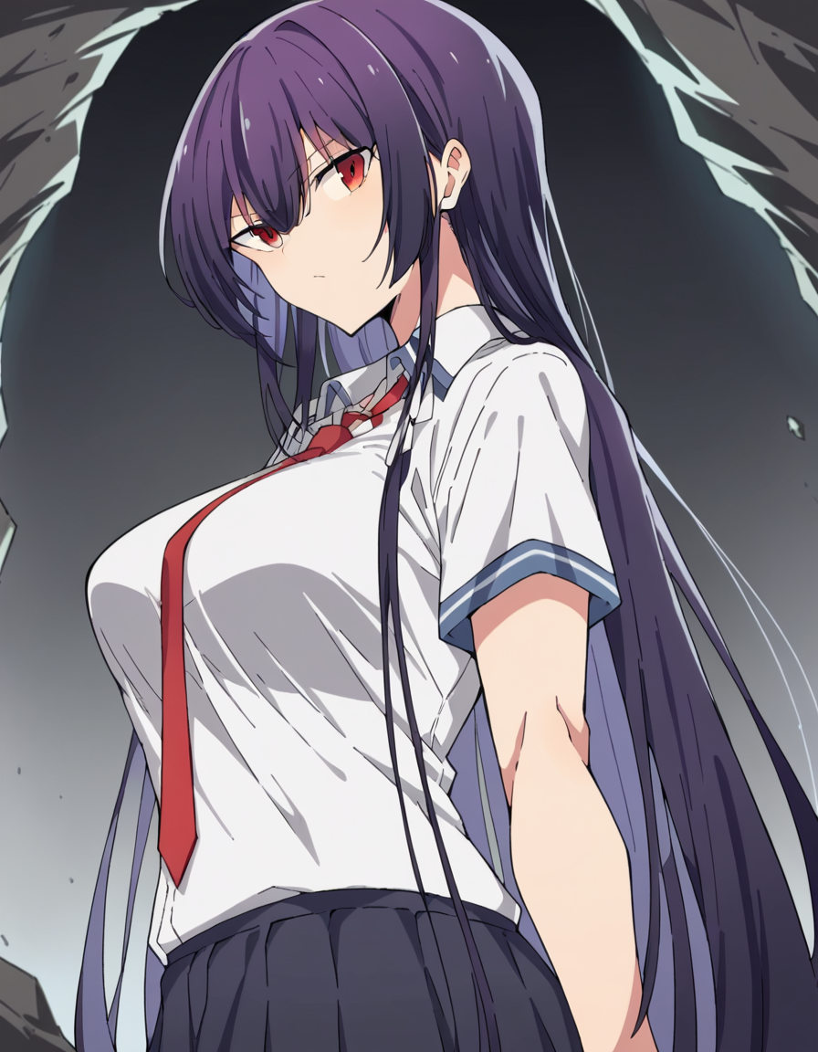 score_9, score_8_up, score_7_up, source_anime, <lora:takane-takamine-trailer-ponyxl-lora-nochekaiser:1>, takane takamine, long hair, red eyes, purple hair, large breasts, bangs, very long hair, hair between eyes, skirt, necktie, red necktie, school uniform, shirt, white shirt, pleated skirt, short sleeves, collared shirt, black skirt, miniskirt,, cave, darkness, rocks, underground, stalactites, , from side, looking at viewer, solo,, dutch angle, cowboy shot