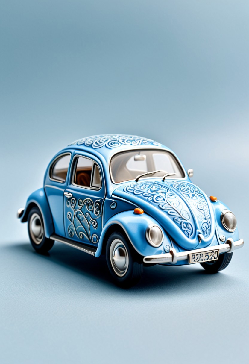 Miniature Bluepatternporcelain Beetle car,small sculpture,old car hybrid,side view,sculpture ,pastel blue paint,hyperrealistic,