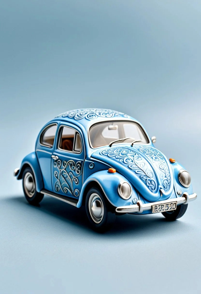 Miniature Bluepatternporcelain Beetle car,small sculpture,old car hybrid,side view,sculpture ,pastel blue paint,hyperrealistic,