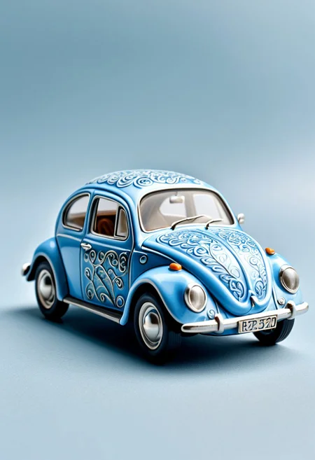 Miniature Bluepatternporcelain Beetle car,small sculpture,old car hybrid,side view,sculpture ,pastel blue paint,hyperrealistic,