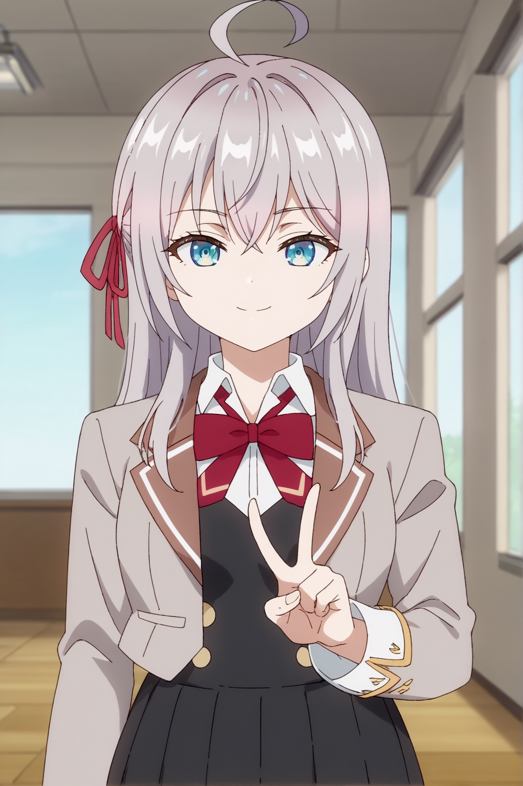 score_9, score_8_up, score_7_up,anime_source, source_anime, best background, detailed background, anime screencap,  Alisa, 1girl, ahoge, blazer, bow, bowtie, closed mouth, collared shirt, hair ribbon, jacket, long hair, red ribbon, ribbon, school uniform, shirt, solo, upper body, white shirt, seductive smile, sexy, seductive body, victory fingers, victory pose,  indoors,    <lora:Alisa:0.8>