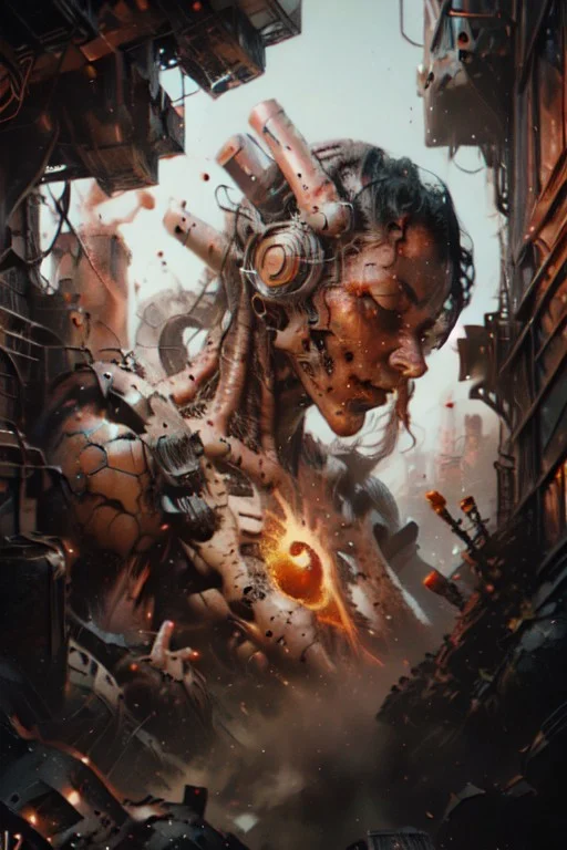 A futuristic woman giant robot in a cyberpunk warzone with fire and smoke