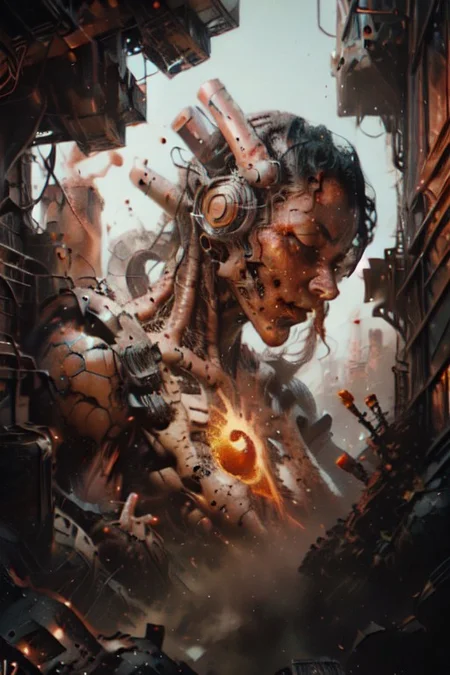 A futuristic woman giant robot in a cyberpunk warzone with fire and smoke