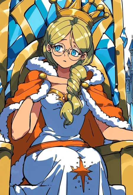 score_9, score_8_up, score_7_up, source_anime,
1girl, solo, queen_frysabel, fur trim, dress, glasses, jewelry, cape, crown, <lora:queen_frysabel:1>, sitting on throne, ice castle
