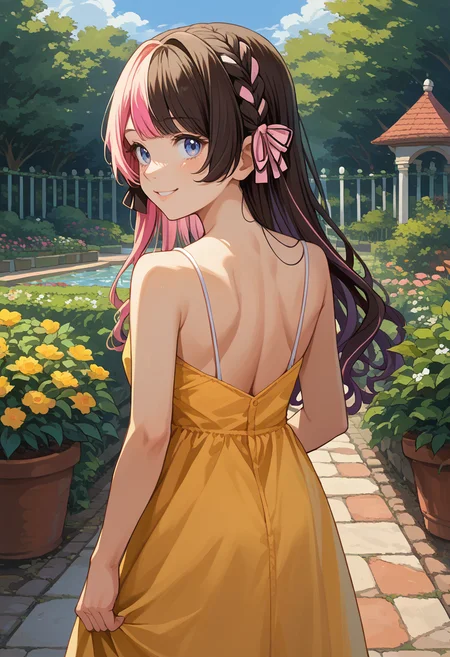 score_9, score_8_up, source_anime, 1girl, solo, TachibanaHinano, two-tone hair, long hair, french braid, hair bow, from behind, garden, yellow sundress, shoulder blades, spaghetti strap, nape, looking back, smile, <lora:ChamTachibanaHinanoPonyXL:1>