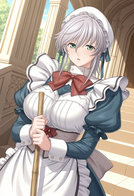 masterpiece, best quality, amazing quality, very aesthetic, high resolution, ultra-detailed, absurdres, newest, scenery,BREAK  <lora:YUYUi:1> yuyui, 1girl, blue maid outfit, green eyes, broom, mob cap, grey hair, short hair, dutch angle, large breasts, red bowtie, white fabric on the belt,stairs, long sleeves, pillar, puffy sleeves, white collar, white cuffs