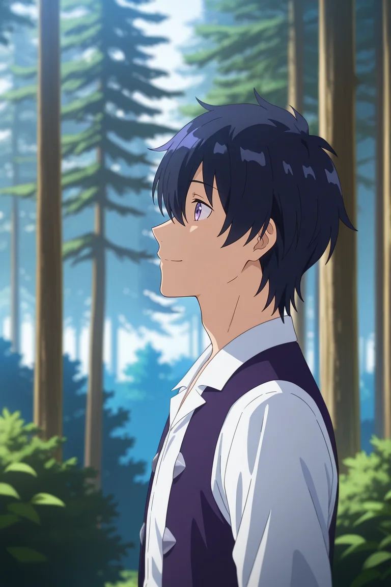 masterpiece, best quality, amazing quality, very aesthetic, high resolution, ultra-detailed, absurdres, newest, scenery, volumetric lighting, depth of field,anime screencap, , , 1boy, solo, male focus, <lora:hikaru:0.80>,hiraku machio,light purple eyes,black hair,short hair,bangs,hair between eyes,smile, shirt, white shirt, upper body,collared shirt, outdoors, vest, from side, tree, profile, nature, forest,day