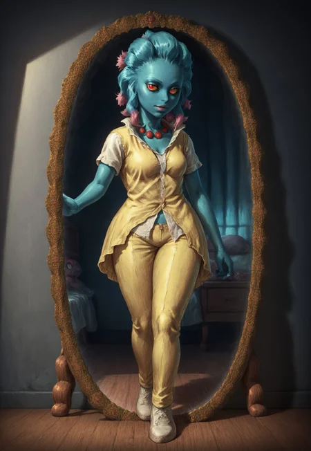 score_9, score_8_up, score_7_up, detailed, solo, full body, ourimis, 1girl, colored skin, multicolored hair, colored sclera, red eyes, monocle, bead necklace, pokemon (creature), BREAK, mirror, bedroom