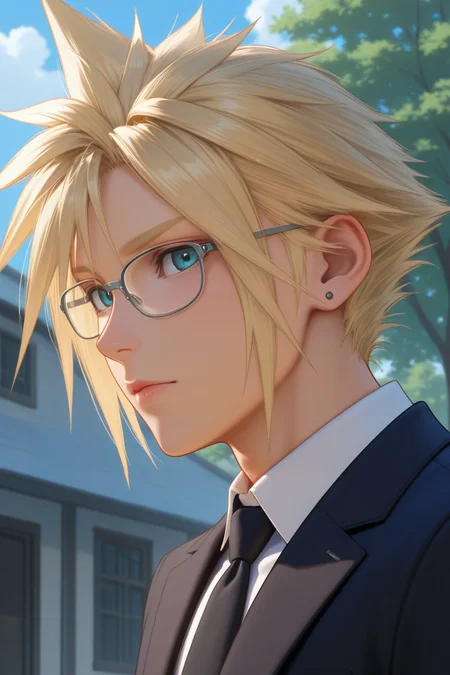 masterpiece, best quality, amazing quality, highres, absurdres, intricate detail,anime,2d,1boy, solo, male focus , , ,<lora:cloud:0.87>, cloud strife,blonde hair,blue eyes,short hair,spiky hair,looking at viewer, shirt, closed mouth, jacket, white shirt, upper body, necktie, alternate costume, collared shirt, glasses, official alternate costume, black jacket, portrait, black necktie, bespectacled, grey-framed eyewear,from side,outdoors,house,tree