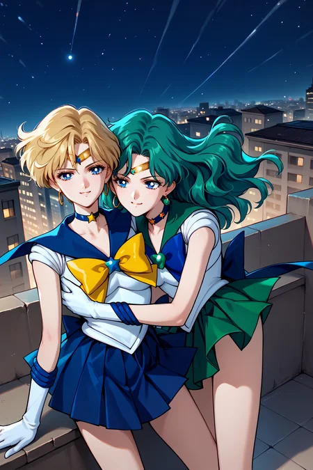 score_9, score_8_up, score_7_up, score_6_up, source_anime, 2girls, two girls standing back to back, hug, night, rooftop, city BREAK 1girl, solo, <lora:sailoruranus-pdxl-nvwls-v1-000005:1> slrua, blonde hair, short hair, blue eyes, circlet, star choker, hoop earrings, white shirt, sleeveless, blue sailor collar, yellow bowtie, brooch, white leotard, blue skirt, pleated skirt, white gloves, smile, smirk BREAK <lora:sailorneptune-pdxl-nvwls-v1-000005:1> slrnp, cyan hair, long hair, wavy hair, green eyes, circlet, earrings, choker, white shirt, green sailor collar, sleeveless, blue bowtie, brooch, cyan skirt, pleated skirt, white leotard, white gloves, elbow gloves, magical girl, happy