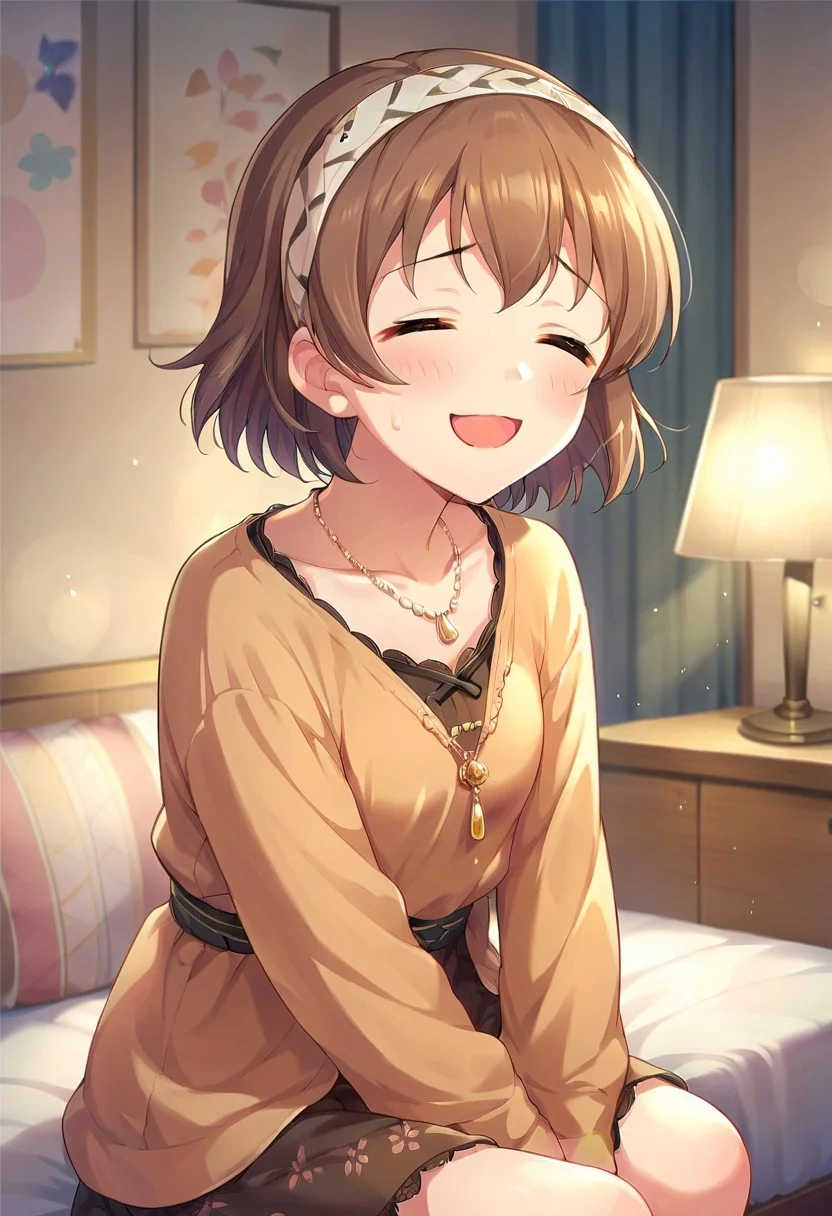 score_9, score_8_up, score_7_up, source_anime,kita hinako, brown hair, short hair, brown eyes, 1girl, solo, jewelry, closed eyes, necklace, lamp, open mouth, smile, blush, sitting, hairband, sweatdrop
