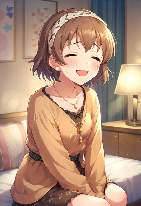 score_9, score_8_up, score_7_up, source_anime,kita hinako, brown hair, short hair, brown eyes, 1girl, solo, jewelry, closed eyes, necklace, lamp, open mouth, smile, blush, sitting, hairband, sweatdrop