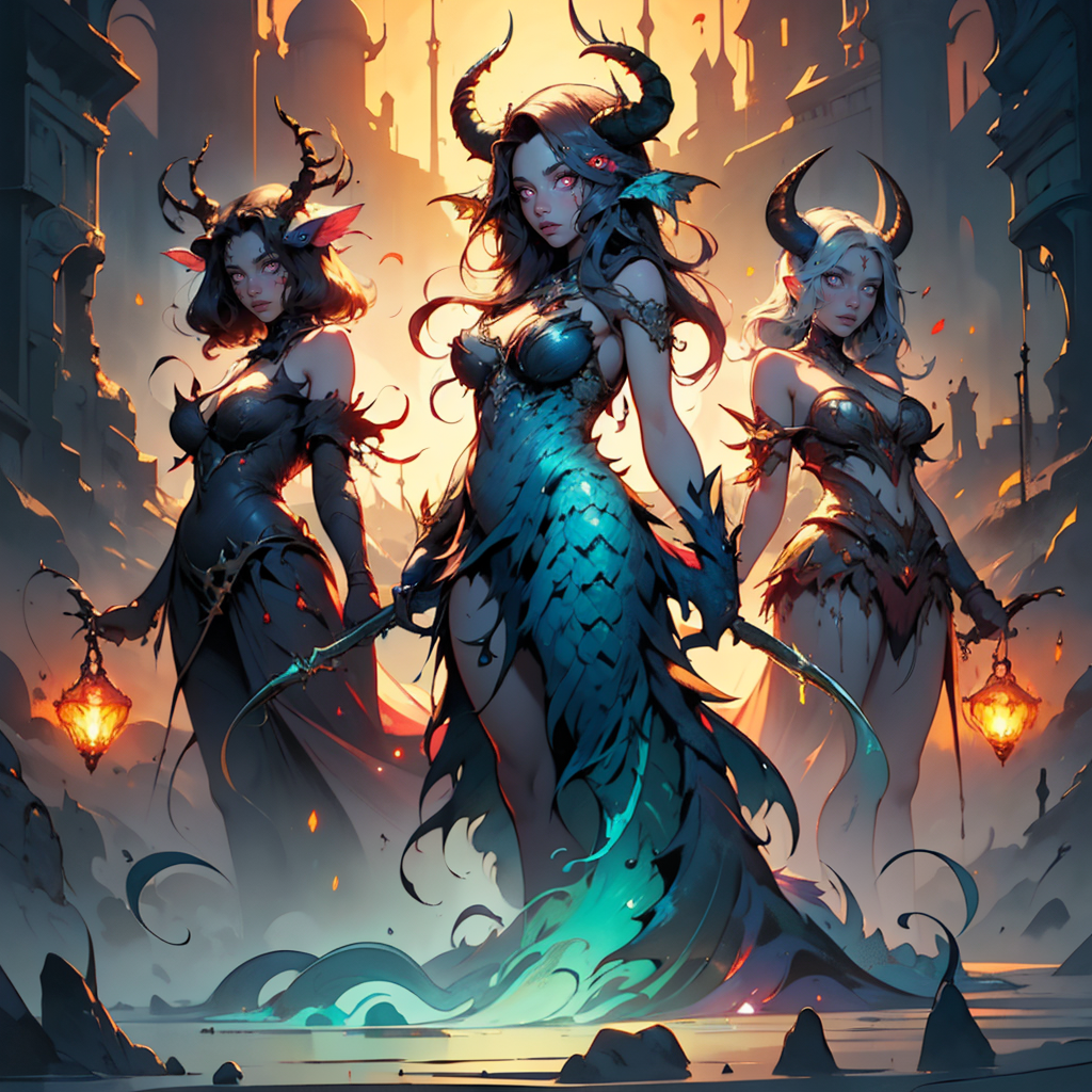 (masterpiece, best quality, highres, high resolution:1.2), extremely detailed, intricate details, 3girls, multiple girls, full body, looking at viewer, grey, <lora:aperfectmonster_v10-TOASTY:0.6> aperfectmonster, surreal <lora:wrenchsfantasy-000016:0.8> wrenchsfantasy, fantasy, glowing, glowing eyes, horns, plant, fish