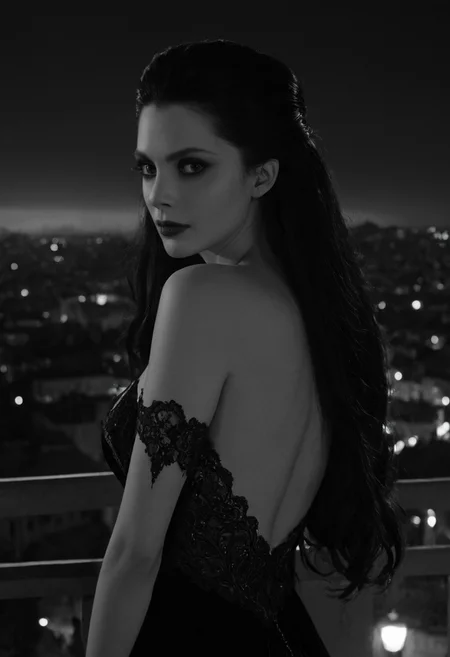 cinematic, ((black and white, monochrome, greyscale)), A vampire queen stands on a balcony overlooking a dark modern city. She has an elegant and regal presence, with long, flowing black hair that cascades down her back, contrasting sharply with her porcelain skin. Her striking features are highlighted by a pair of piercing, crimson eyes that seem to glow in the night. She wears a magnificent, dark velvet gown adorned with intricate lace details that catch the moonlight, flowing dramatically in the cool breeze. She gazes into the distance, embodying both beauty and danger. The scene is bathed in moonlight, with shadows dancing across the paved streets below, creating a sense of intrigue and foreboding. noise, detailed, high quality, cinematic lighting, contrast, heavy dynamic shadows, atmospheric,