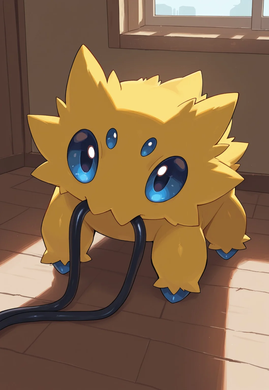 masterpiece, best quality, amazing quality, very aesthetic, absurdres, PKMN_Joltik,1other, solo, no humans, pokemon focus, yellow body fur, blue eyes, blue claws, full body, looking at viewer, cable, mouth hold, eating, biting cable, indoors, day